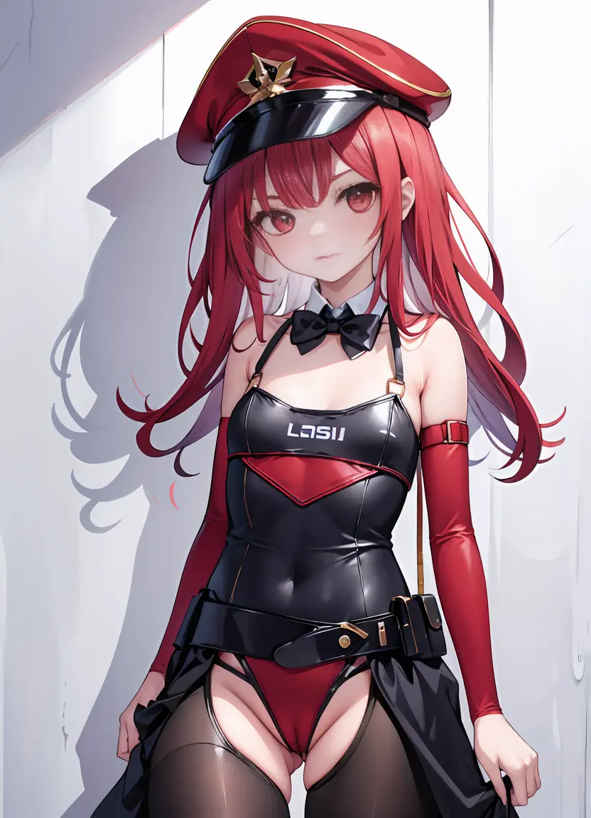 1 girl,, crotch cutout, open crotch, cap cap, ,alone ,, , be red in the face, black reotard, of arms, hand and arm cuffs, neck b...