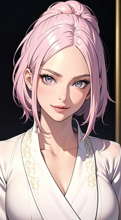 (masterpiece, best quality), intricate details, thin, ((slim)), beautiful girl, Light pink hair, white skin, light purple eyes, sharp jawline, cropped jacket, messy hair, plump lips, upper body, close up, smirk, masterpiece, best quality), intricate details, thin, ((slim)), beautiful girl, Light pink hair, white skin, light purple eyes, sharp jawline, cropped jacket, messy hair, plump lips, upper body, close up, smirk