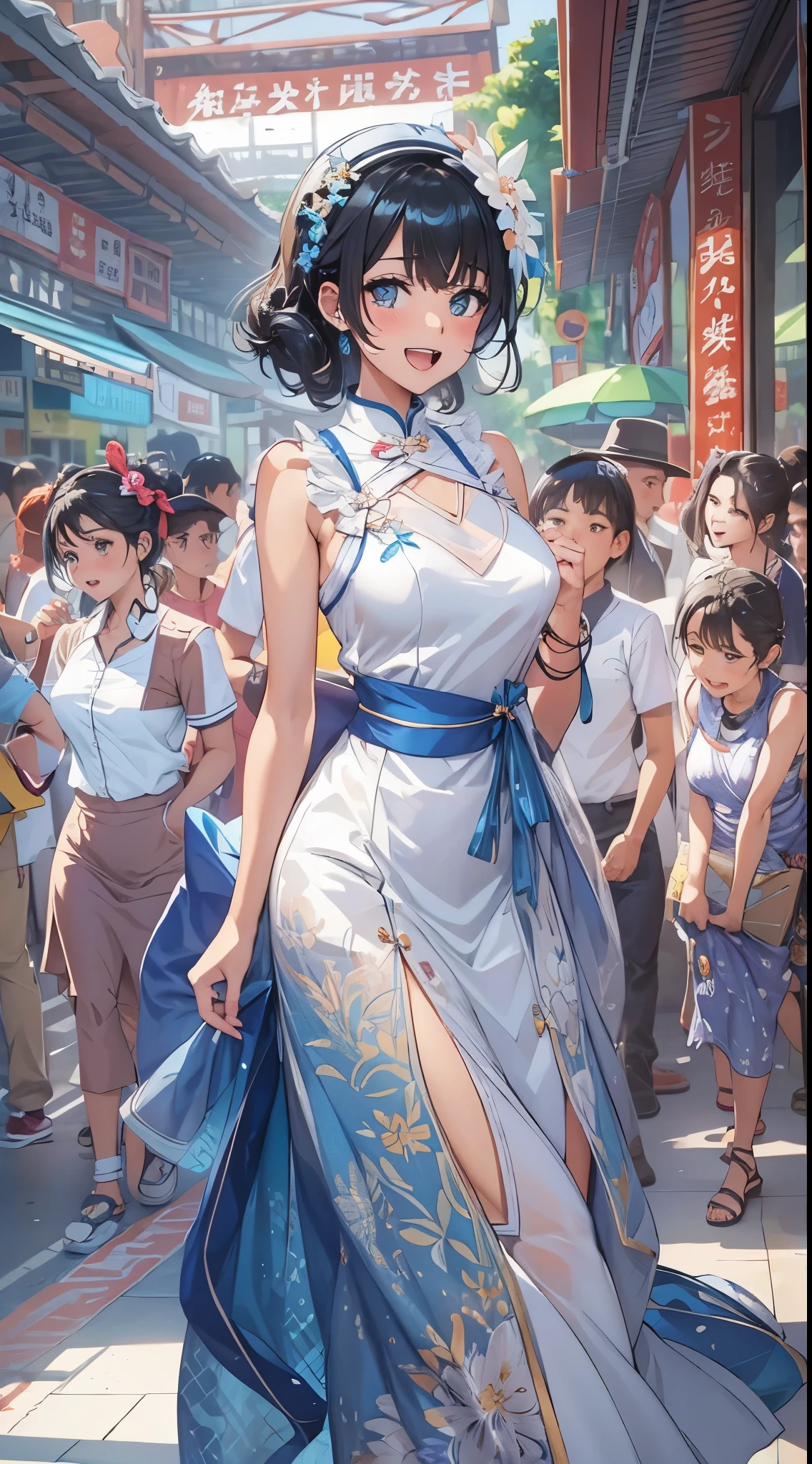 1womanl,Black hair,14years ,(()),Beautiful breasts,(((sexy white and blue shiny cheongsam)))(())(((Blushing cheeks、Smile with open mouth)),(((Satin Narico))),((( portlate))),Crowds,white and blue cheongsam