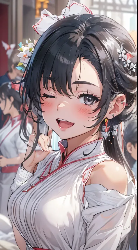 1womanl,Black hair,14years ,(()),Beautiful breasts,(((sexy white shiny cheongsam)))(())(((Blushing cheeks、Smile with open mouth)...