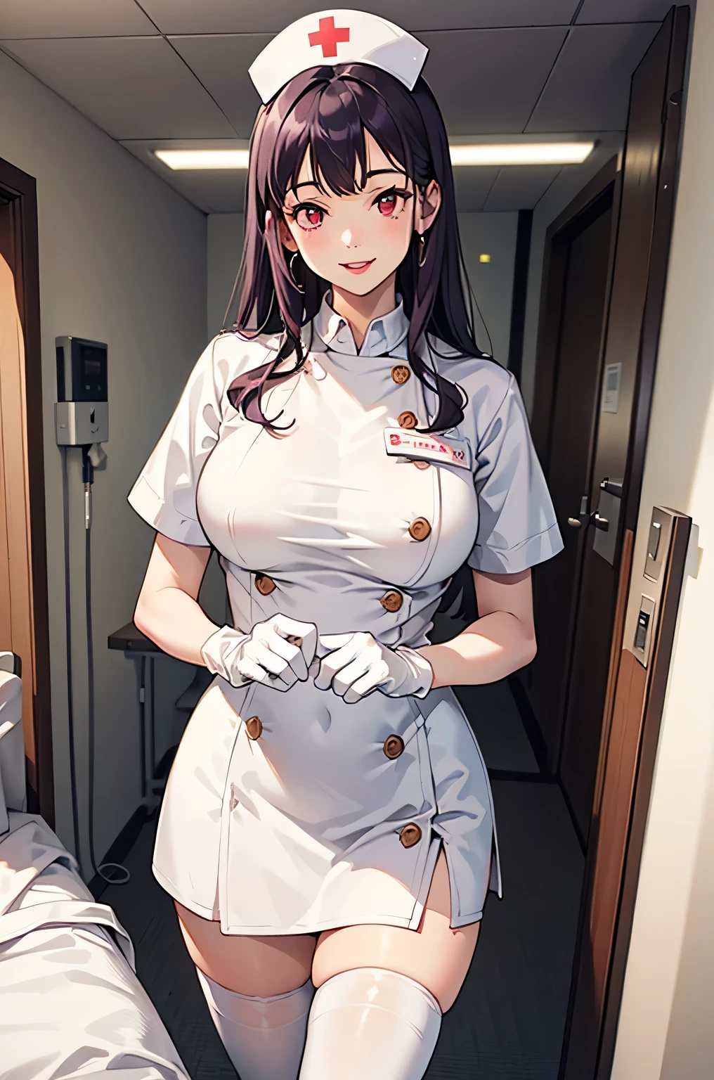 1woman, solo, nurse, nurse cap, white wear, ((white legwear, zettai ryouiki)), white gloves, long hair, purple hair, red eyes, pink lips, smile, standing, ((hospital room)), sharp outline, short sleeves, mature female, 35 years old, best quality, masterpiece