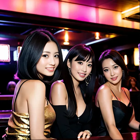 Four female clerks sitting in a cabaret club with bottles of alcohol in the back, beautiful alluring female,doress,Erika Sawajir...