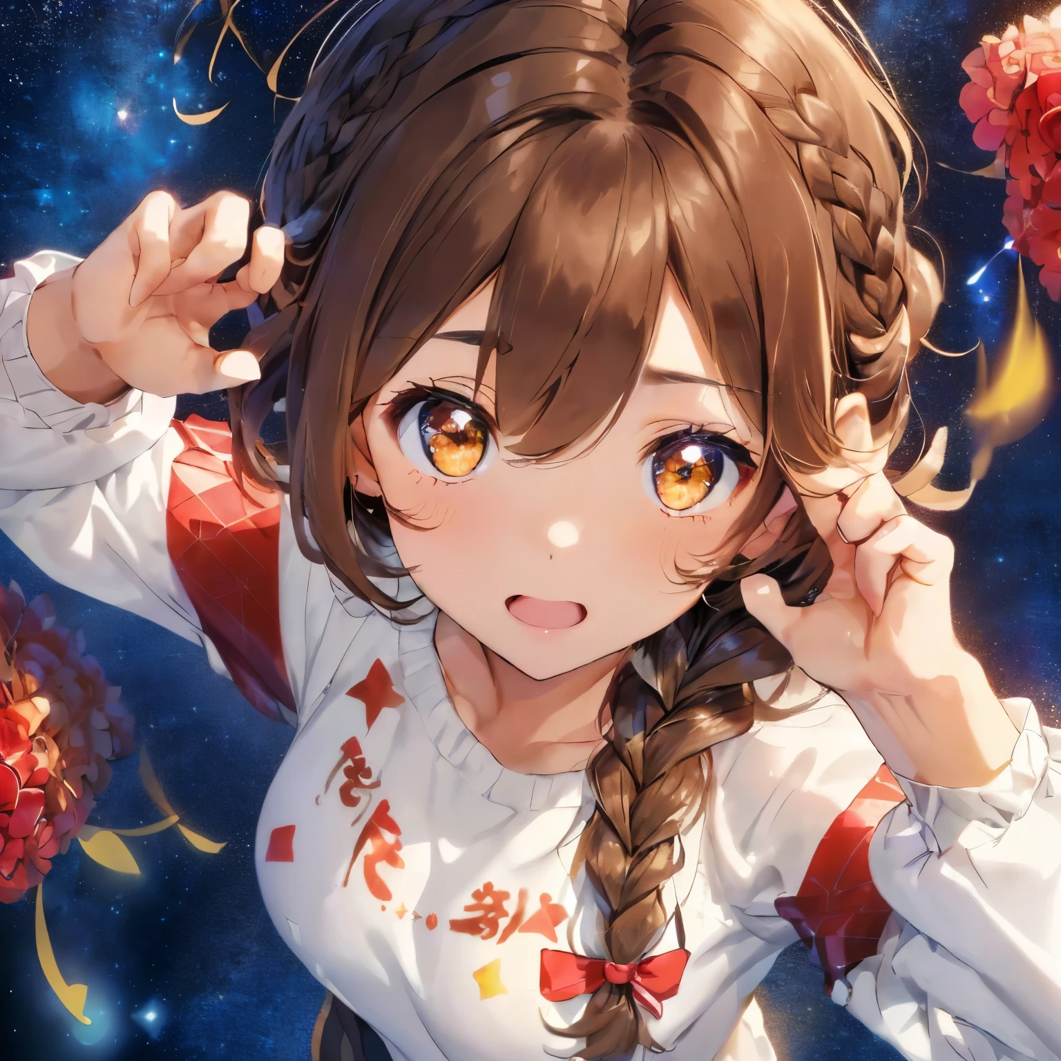 fluffy hair,((brown haired)),((twin hair braid short hair)),((Brown eyes)),((Hooray pose with both hands raised)),(Festive mood),(Congratulations),(Clear skies and bright sunlight),((colorful lights are shining)),Slight red tide,Confetti is flying happily),(jumpy),((There are many colorful flowers around)),(appearance々multiple people with different expressions々々),((Perspective from above)),(Long-sleeved clothing:1.3),(Your eyes are shining like stars:1.25),(close up of face:1.3),