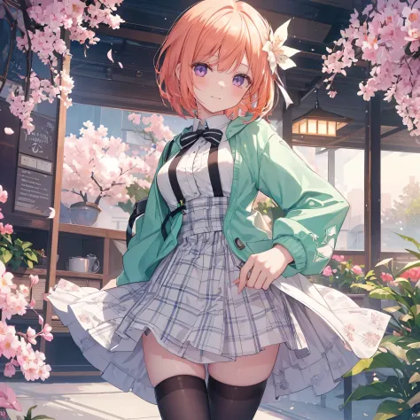 Hide hands, {{{One girl}}}, Beautiful detailed girl, GameCG, spring blossoms, One curl outside, Short bob hair, pastel orange hair, Purple eyes,stylish accessories solo, bustup, medium shoot, femele, takeout, A smile, Colossal tits,,pastel green plaid mini...