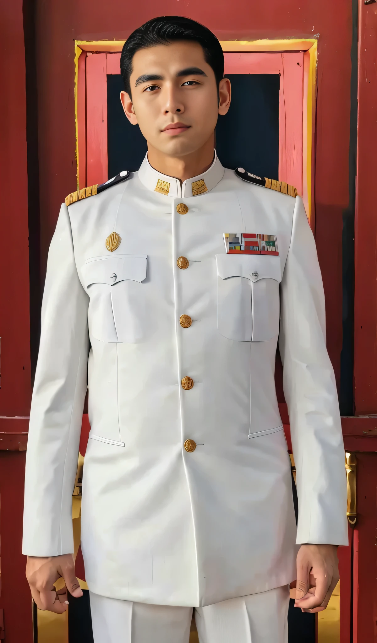 arafed man in a white uniform standing in front of a red door, white uniform, full dress uniform, full uniform, officers uniform, general uniform, uniform background, general wear and tear\'s uniform, military uniform, uniform, embroidered uniform guard, avant uniform, starfleet uniform, wearing military uniform, loose coat collar sailor uniform, starfleet uniforms, in uniform