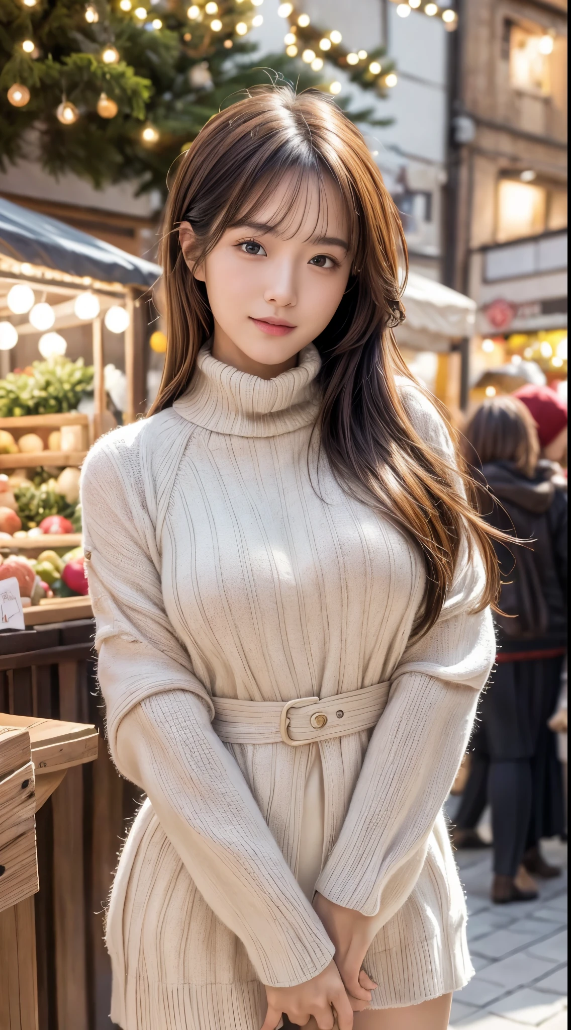 (8k,masterpiece, RAW photo,best quality:1.4),(photo realistic:1.2),(extremely detailed face),(shiny skin),(detailed skin),(detailed face),(extremely beautiful face),1girl,looking at viewer,Japanese idle(actress), brown hair,medium hair,straight hair,asymmetrical bangs,smile,glamor,large breasts, (Fleece jacket, turtleneck sweater, Pleated skirt:1.2), christmas market,high position,professional lighting