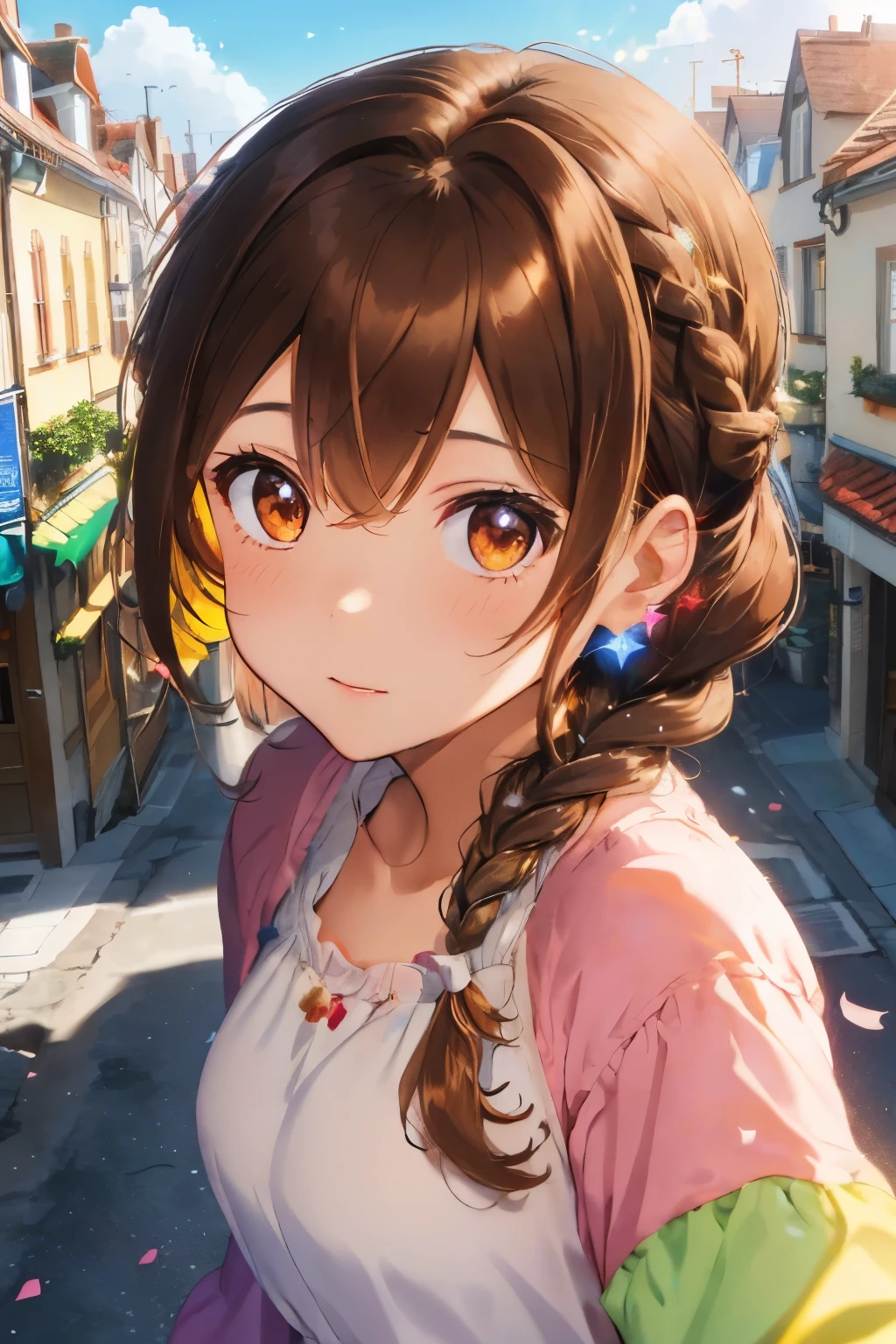 fluffy hair,((brown haired)),((twin hair braid short hair)),((Brown eyes)),(Congratulations),(Clear skies and bright sunlight),((colorful lights are shining)),Slight red tide,Confetti is flying happily),(jumpy),((There are many colorful flowers around)),(A stone building that looks like a European townscape),((Perspective from above)),(Long-sleeved clothing:1.3),(Your eyes are shining like stars:1.25),(close up of face:1.3),(On the go),