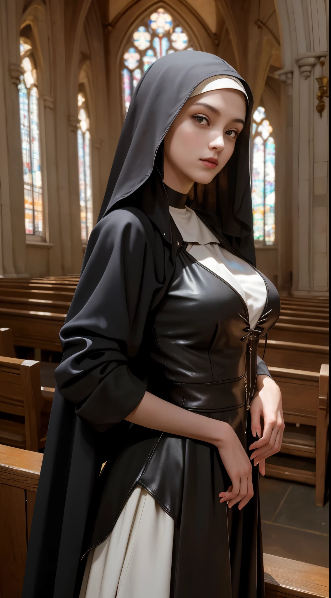 (in 8K，Raw photo，top-quality，超A high resolution，​masterpiece：1.2)，(Photorealsitic：1.37)， (Gothic nun huge breasts), Set in the 1990s, Surreal makeup, Leather clothes in a church in the Gothic style at night, neon light, Very dark, Horror, Red hue, Sony A7III, movie的ライティング, movie, grain, UHD Face, volumetric shadow