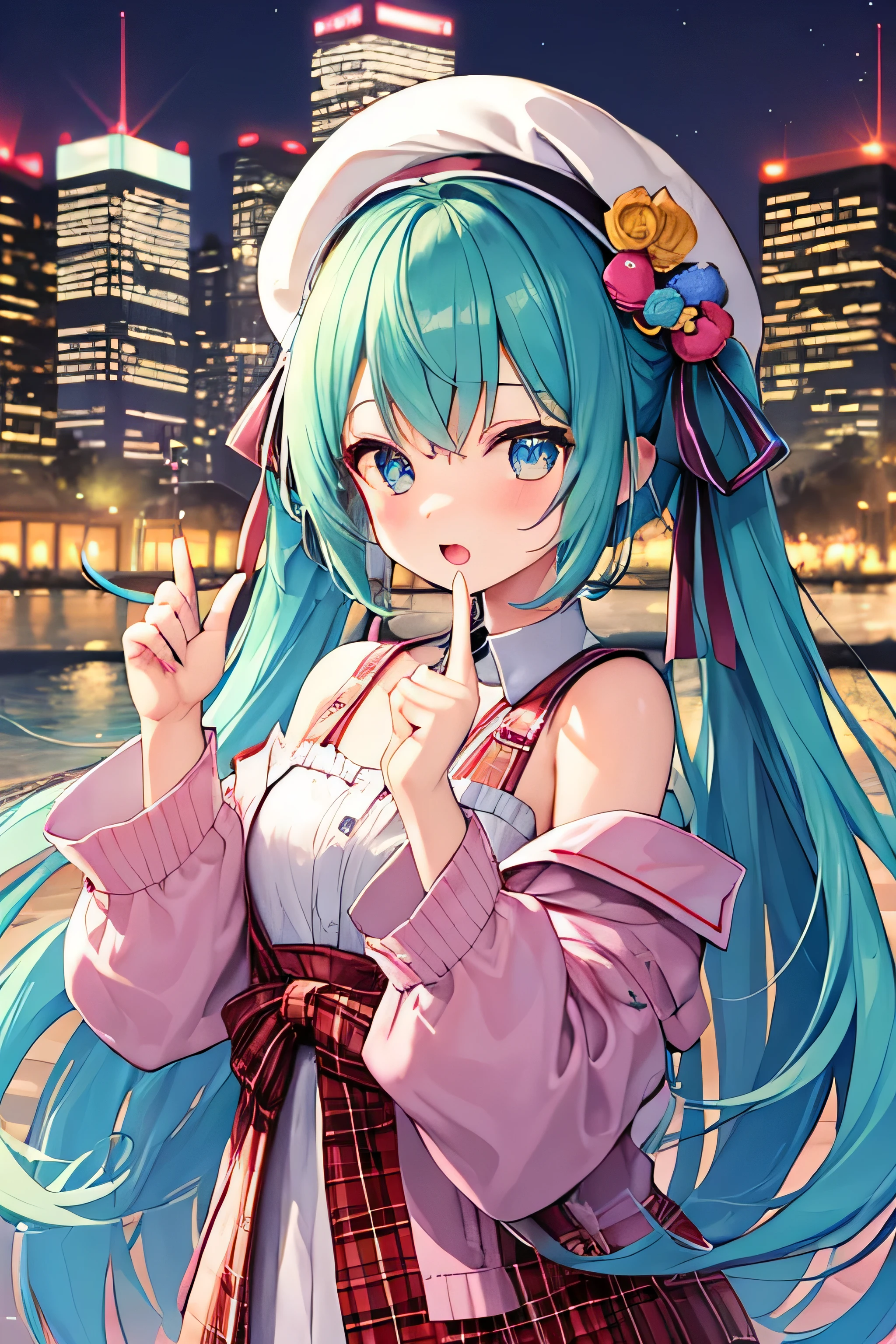 obra-prima、Qualidade de imagem superior、超Uma alta resolução、Miku Hatsune、cabelos azuis、Cauda dupla、rubor、zombar、Abra a boca só um pouco、vestido casualmente、minissaia casual、mulher usando uma boina、arranha-céu、Japão、período noturno