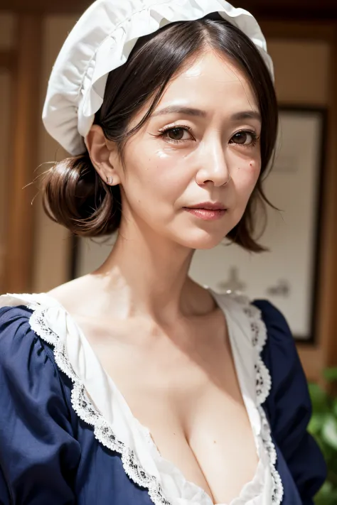 (masutepiece:1.2), High Definition, High quality,(60-year-old woman:1.2)、(Wrinkles on the face:1.2)、Beautie、raor gown, Sweet Lolita, Puffy sleeves,Big breasts