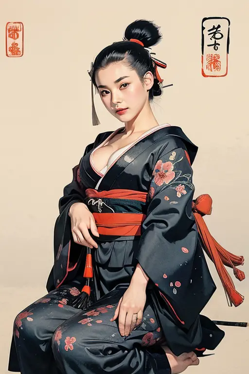 Japanese ink painting, ukiyo-e, crow tengu, breasts, girl