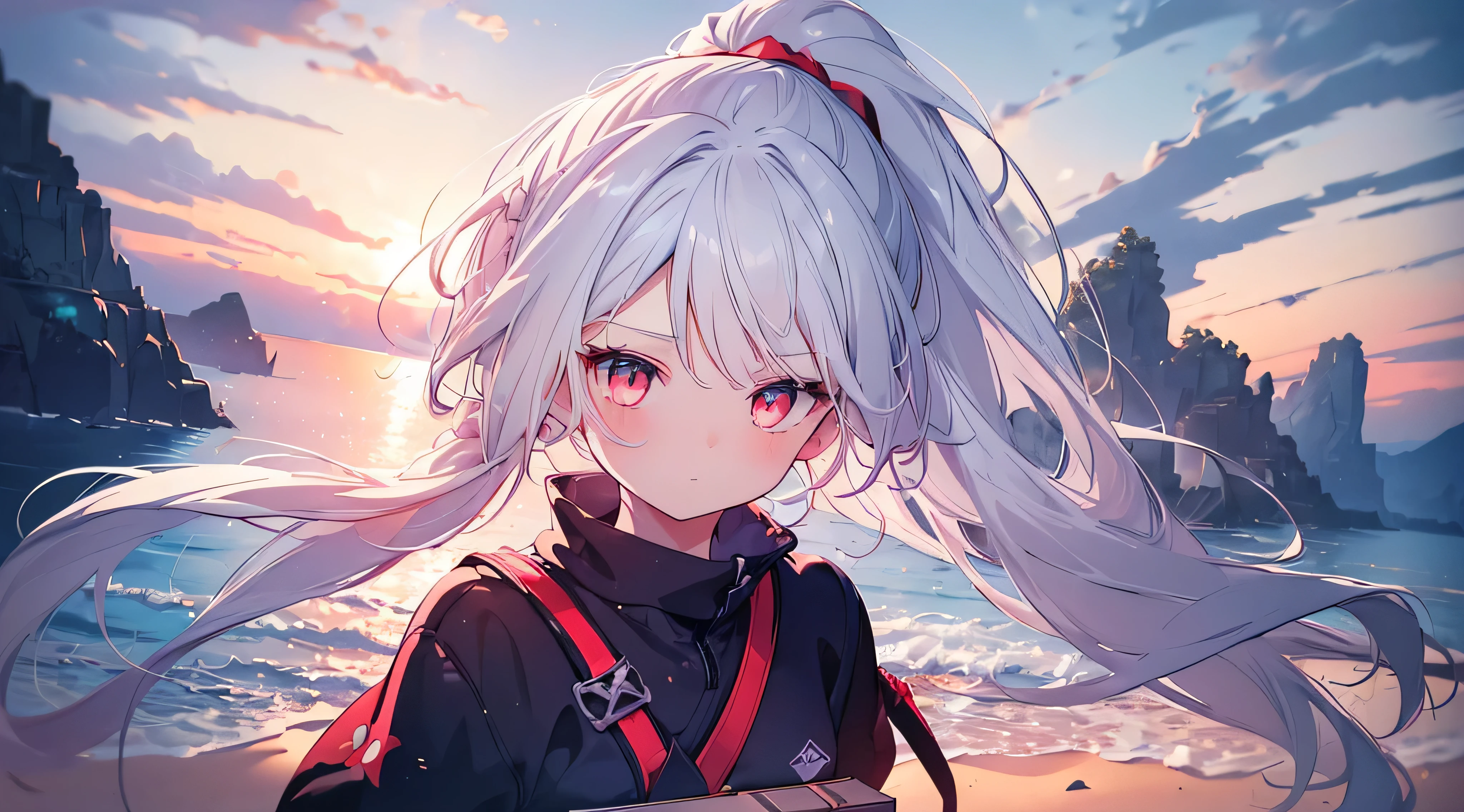 [(Transparent background:1.5)::5],(((masterpiece))),(((best quality))),(((extremely detailed))),illustration, 1girl,solo,mysterious,vivid color,shiny, (ponytail hair),(white hair),(red eyes), full body,long hair tranquil nature, close up,Dynamic actions,Lens perspective, beach(((Box composition))), volumetric lighting, multi-color eyes, detailed eyes, hyper detail