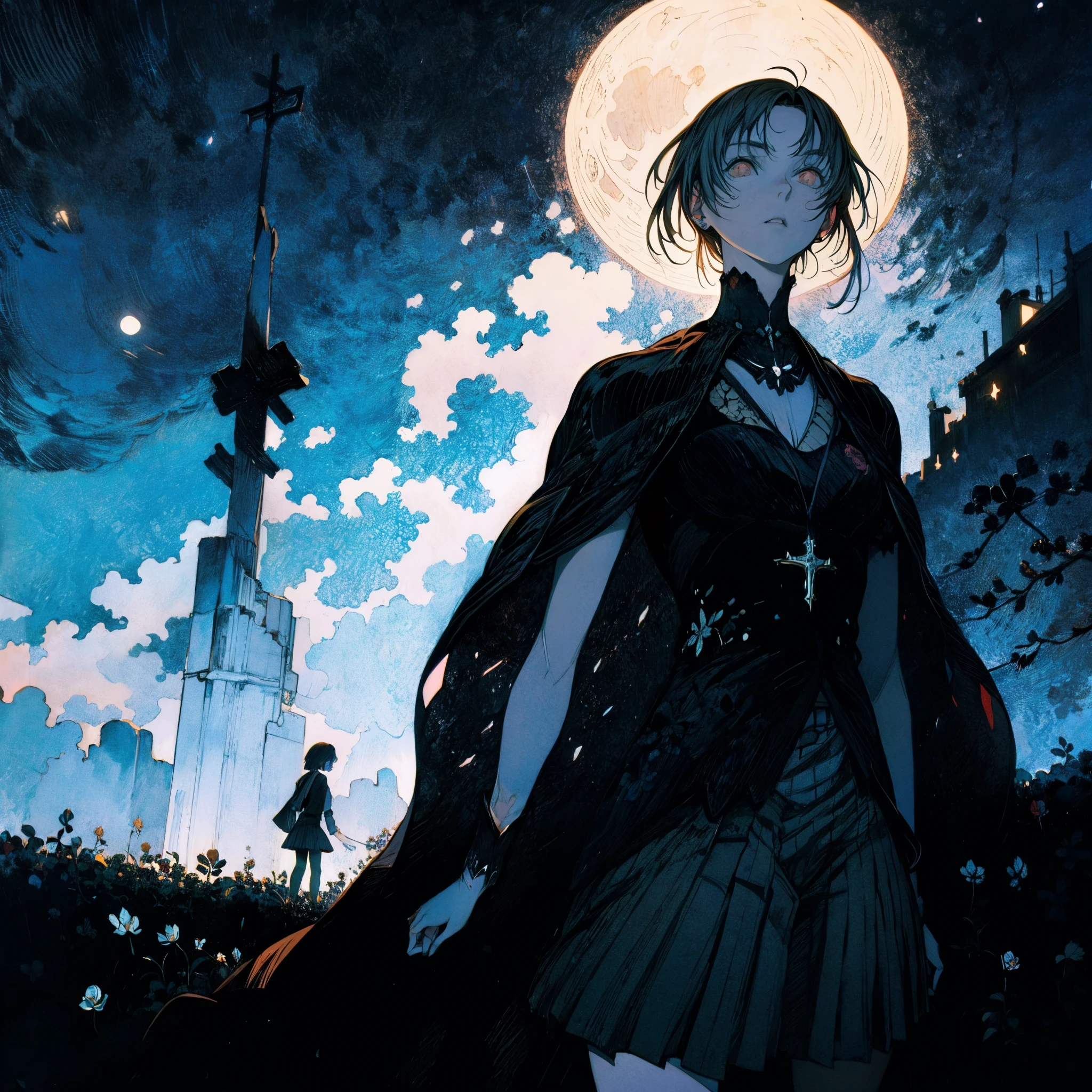 Crie uma imagem no estilo de Kyle Thompson, apresentando uma personagem feminina estilo anime. Ela está em um parque abandonado cheio de rosas negras, simbolizando a morte. A cena é iluminada pela luz do luar, que adiciona profundidade à imagem. Use o foco superficial para enfatizar a garota e o entorno imediato, enquanto o fundo desfoca suavemente. Em primeiro plano, inclua a sombra de uma cruz, adicionando um elemento dramático e simbólico à cena. O contraste entre o cenário fotorrealista no estilo Kyle Thompson e o personagem estilo anime deve ser impressionante, sintetizando efetivamente as diferenças nos meios artísticos.