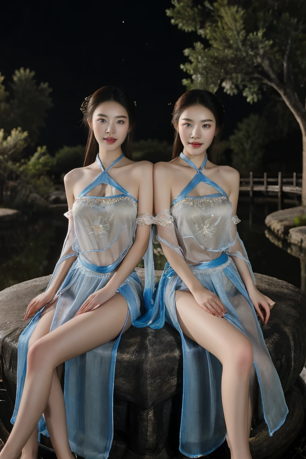 All faces and pictures must be different,((Ultra Long Exposure Photography)) high quality, highly detailed, a stunningly photorealistic closeup portrait of two beautiful Chinese women,Babyfaced, intricate detailed eyes,open shoulders,see-through,skirtlift,where two mysterious women sits by the edge of a pond, capturing a romantic atmosphere under the starry sky.