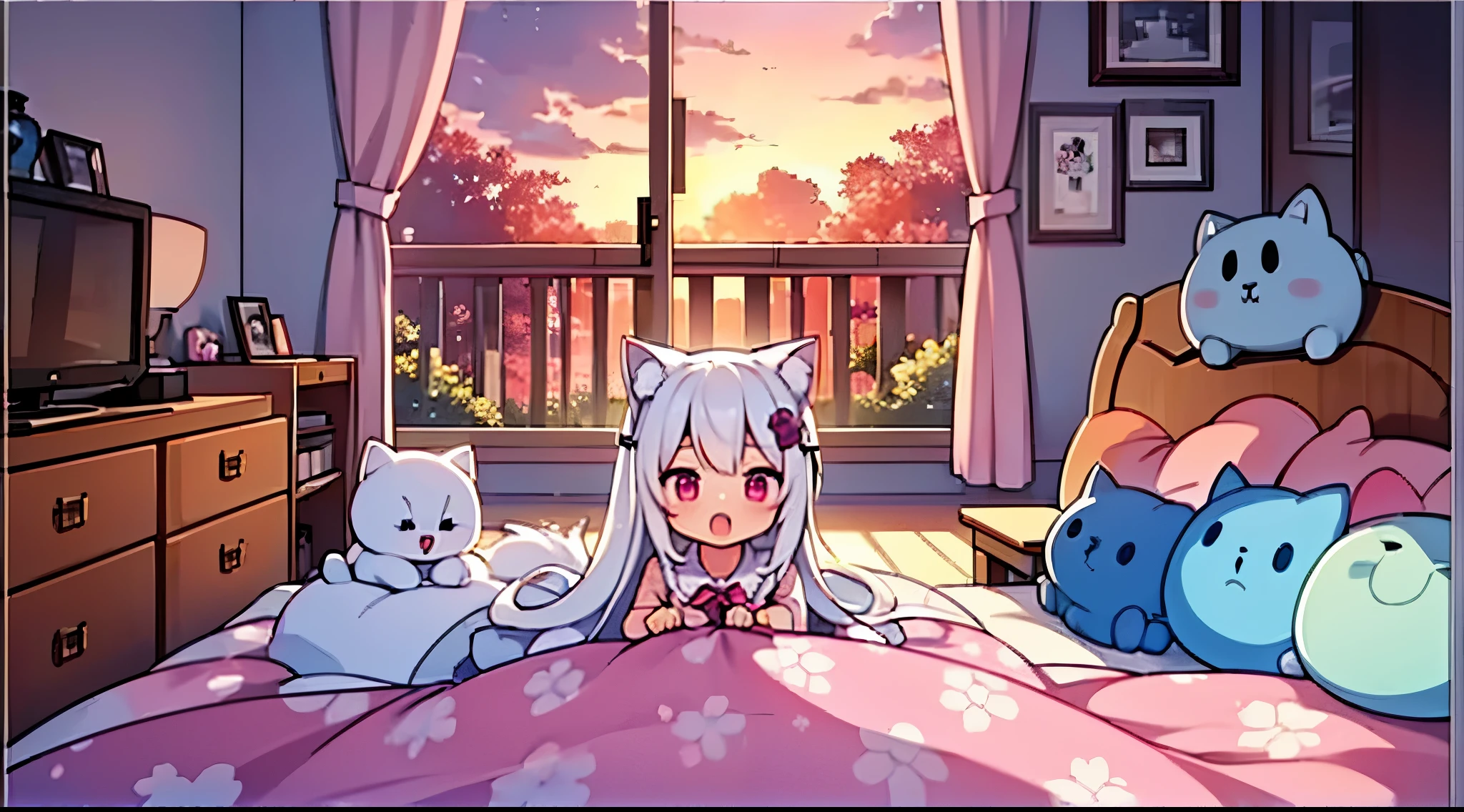 Anime scene of a girl in bed with three cats and a cat - SeaArt AI