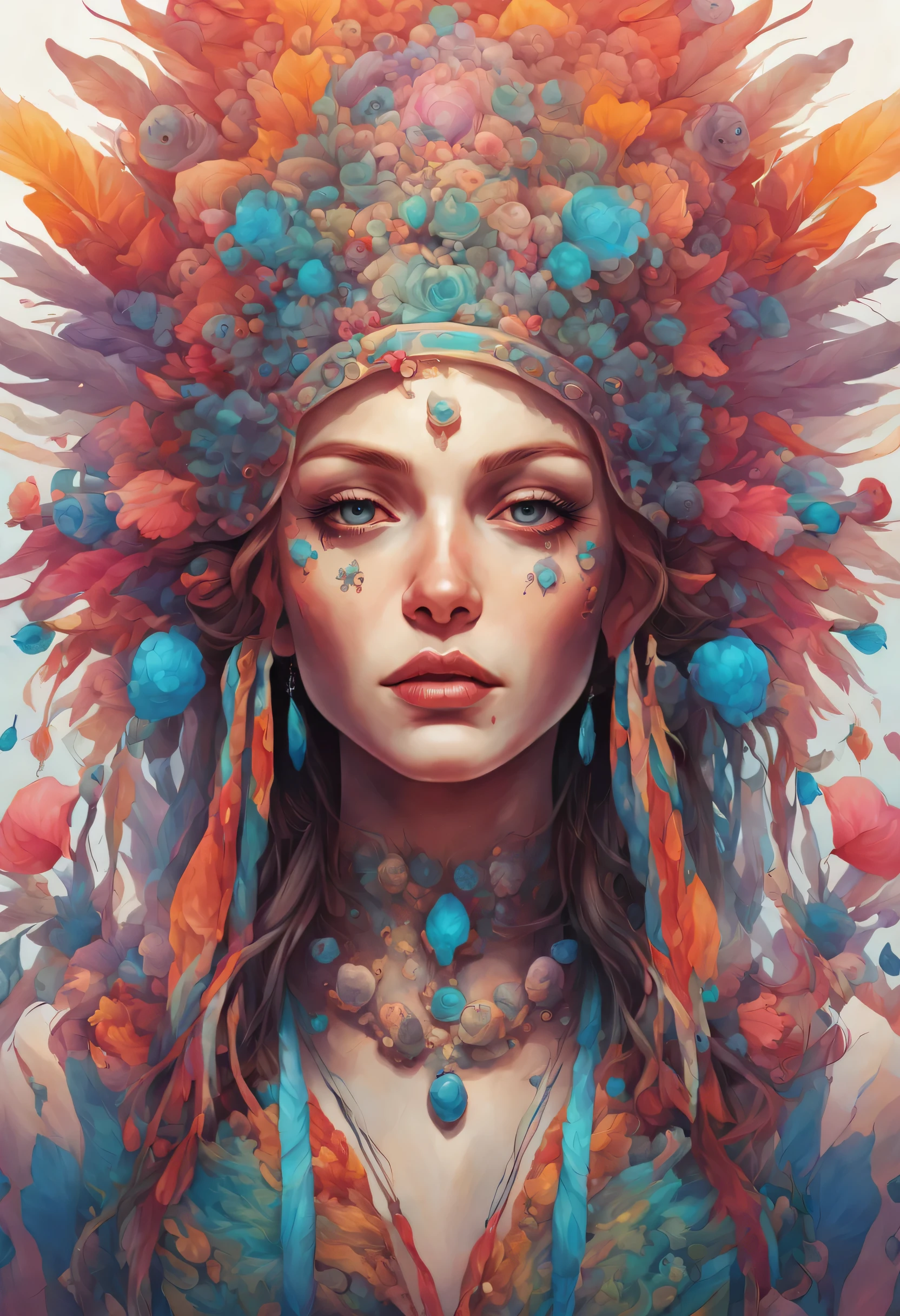 a painting of a woman with a colorful headdress and many skulls, Beeple und Jeremiah Ketner, Jen Bartel, Artgerm Julie Bell Beeple, hochkompliziert in Technicolor;, Painting by Android Jones, Hyper - Detaillierte, Visionary art, Greg Beeple, Detailbemalung 4 K, Detaillierte Kunst in Farbe, psychedelischer organischer Cyborg