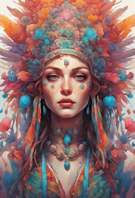 a painting of a woman with a colorful headdress and many skulls, Beeple und Jeremiah Ketner, Jen Bartel, Artgerm Julie Bell Beep...