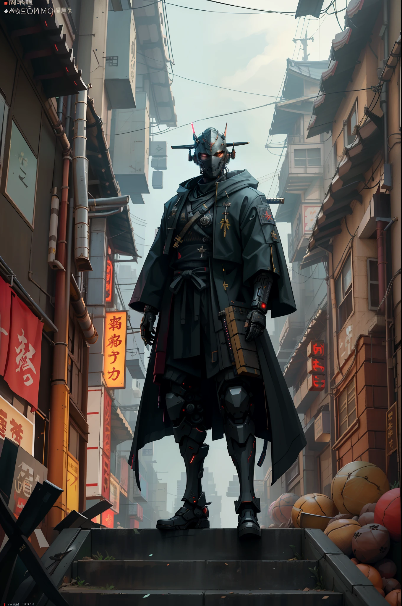 (masterpiece, full-body shot, intrincate raw photography)cyberpunk samurai in samurai pineapple pattern oversize black jacket, anime, rocketeer, Japanese demon mask evil style helmet, blue neon light details, intrincate, futuristic,sharp, accurate focus, random pose, cyberpunk city, street neon lights, insta pic, photo of the year, cinema4d, dramatic, lights and shadows, natron, substance, maya, octane render, holding katana