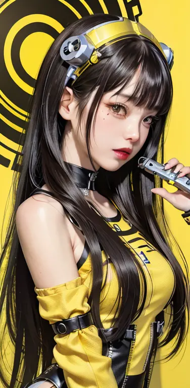 profile photo, in front of the yellow wall, asian cyborg woman without body, connected by cable, twisted cable and wire and led,...