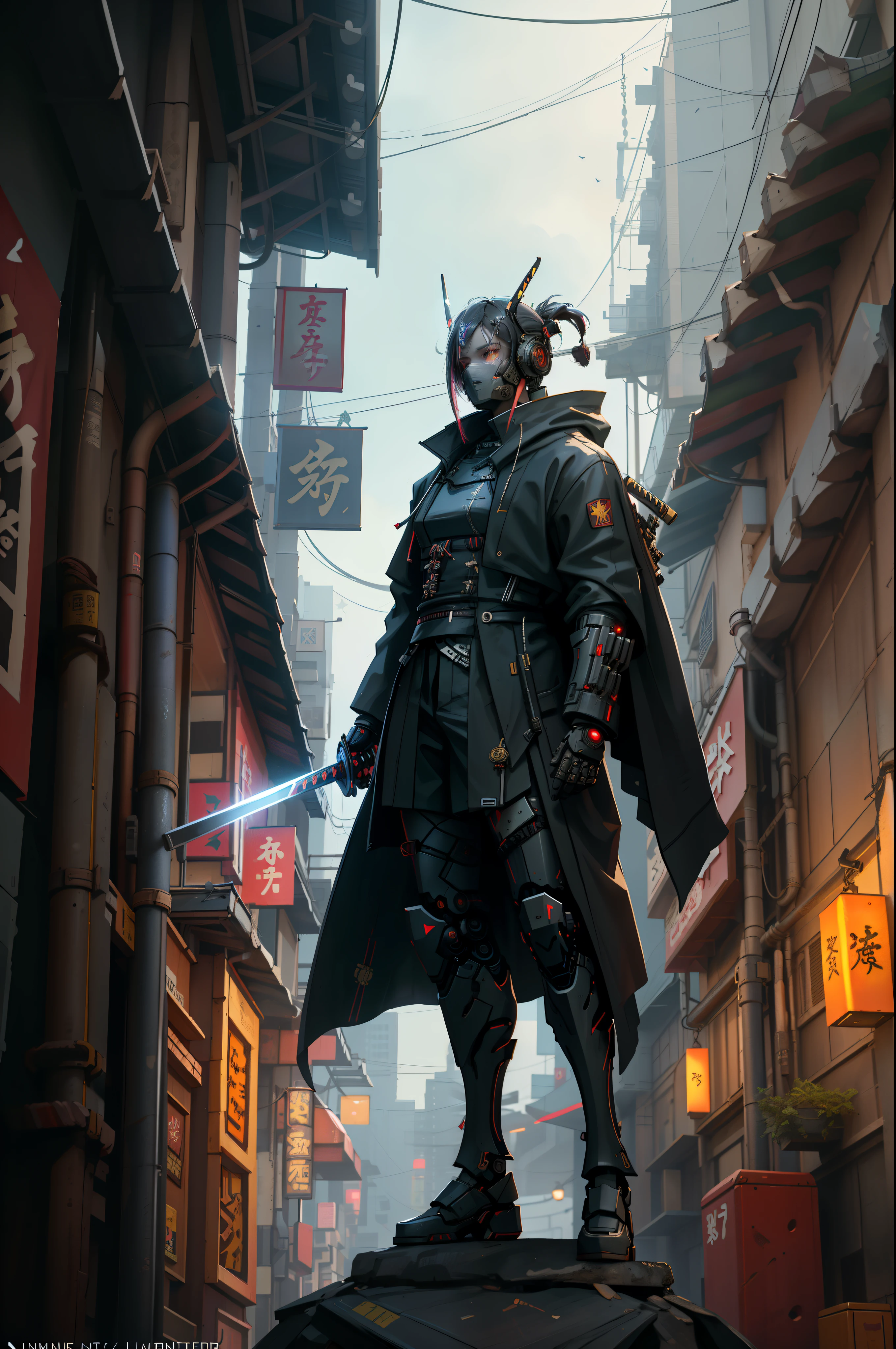 (masterpiece, full-body shot, intrincate raw photography)cyberpunk samurai in samurai pineapple pattern oversize black jacket, anime, rocketeer, Japanese demon mask evil style helmet, blue neon light details, intrincate, futuristic,sharp, accurate focus, random pose, cyberpunk city, street neon lights, insta pic, photo of the year, cinema4d, dramatic, lights and shadows, natron, substance, maya, octane render, holding katana