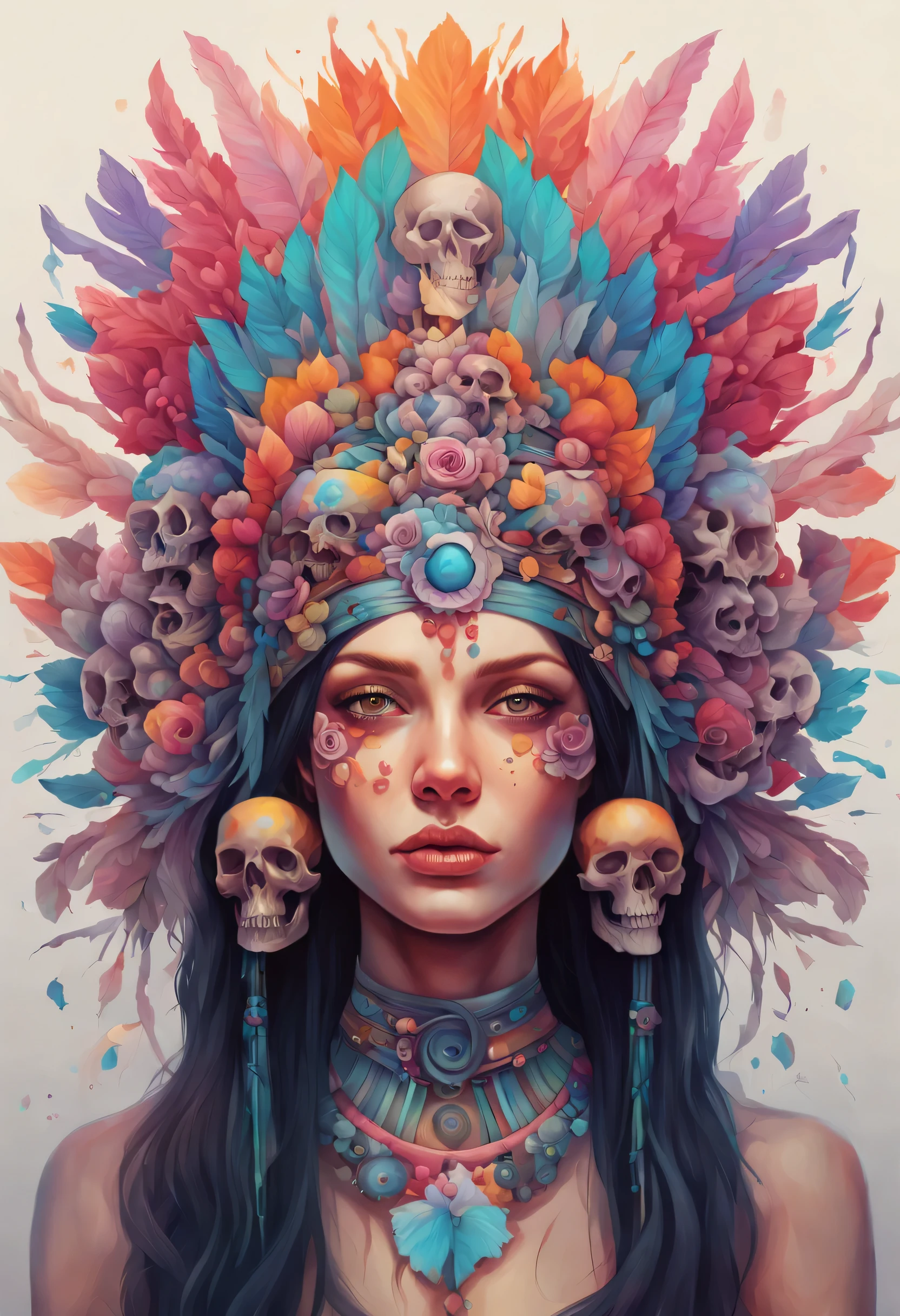 Uma pintura de uma mulher com um adorno de cabeça colorido e muitos crânios, Beeple e Jeremiah Ketner, só uma piada, artgerm julie bell beeple, Altamente complicado em Technicolor;, Pintura de Android Jones, Hiper-detalhado, Arte Visionária, Greg Beeple, Pintura detalhada 4K, Arte detalhada em cores, Ciborgue orgânico psicodélico