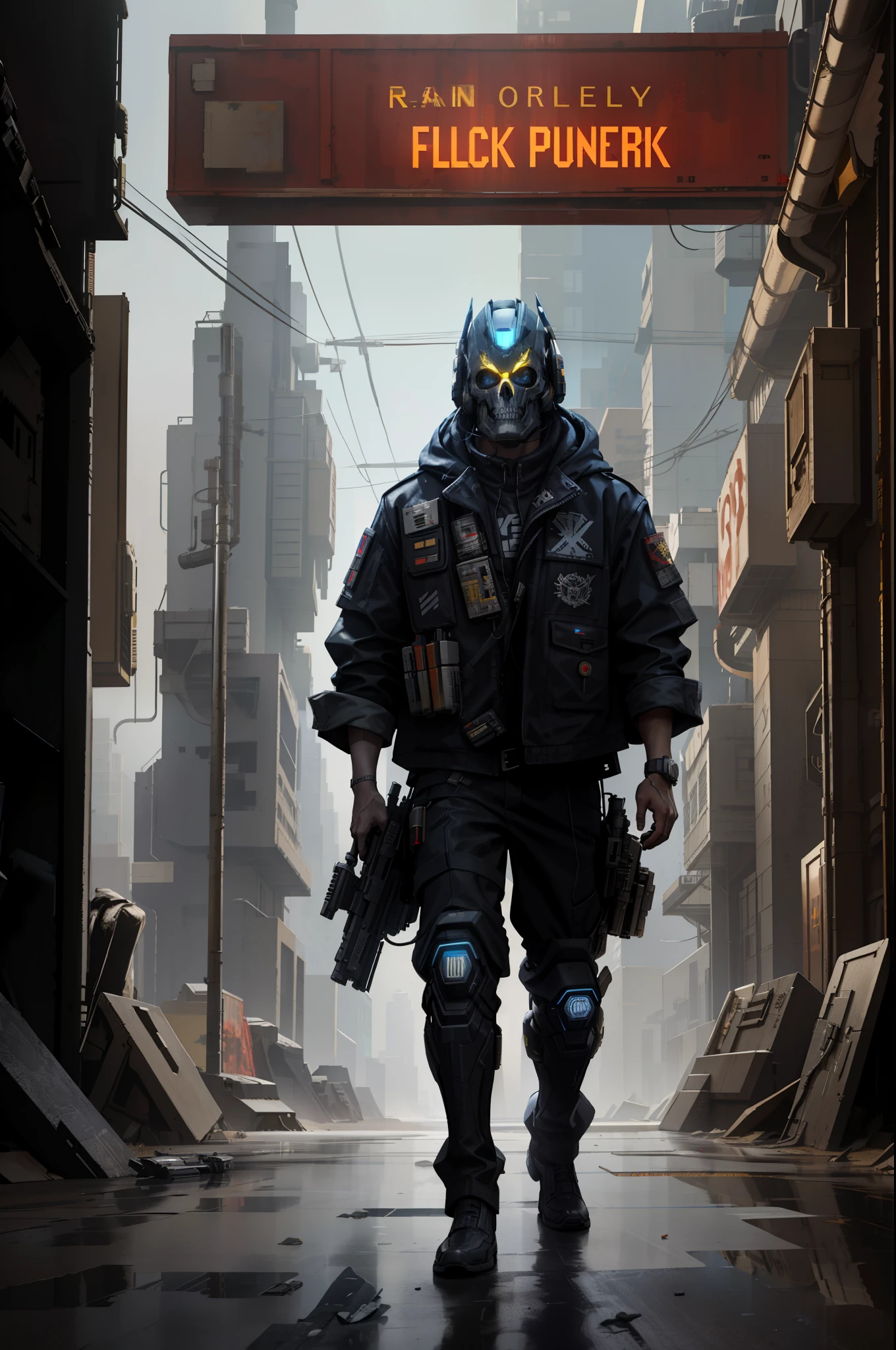 (masterpiece, full-body shot, intrincate raw photography)cyberpunk army in  oversize black jacket uniform, anime, rocketeer, skull mask evil style helmet, blue neon light details, intrincate, futuristic,sharp, accurate focus, random pose, cyberpunk city, street neon lights, insta pic, photo of the year, cinema4d, dramatic, lights and shadows, natron, substance, maya, octane render, holding cyberpunk gun