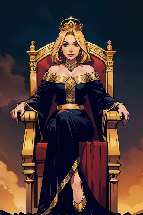 queen, fully clothed, small breasts, gown, crown, jewelry, sitting on a throne