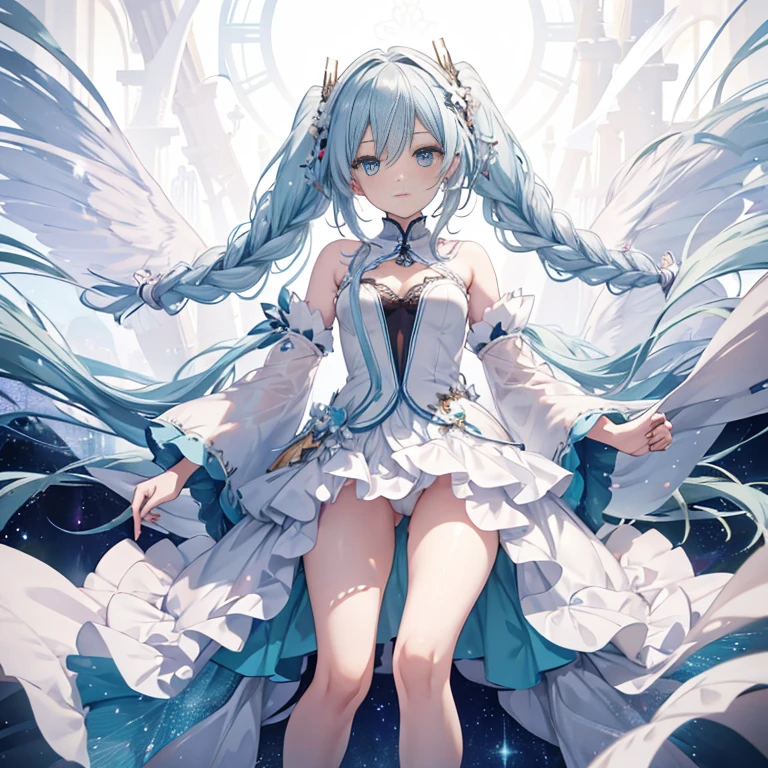 Hatsune Miku、(ultra realista), (Una ilustración), (alta resolución), (8K), (muy detallado), (la mejor ilustración), (hermosos ojos detallados), (mejor calidad), (Súper detallado), (Maestro de la paz), (Fondos de pantalla), (cara detallada), solo, 1 chica, vestidos aristocráticos、pelo blanco, Iris ojos heterocromáticos, pequeños lunares debajo del ojo, pecho mediano, piernas largas,Impresionante composición,Trenzas de pies,Piernas hermosas y detalladas.