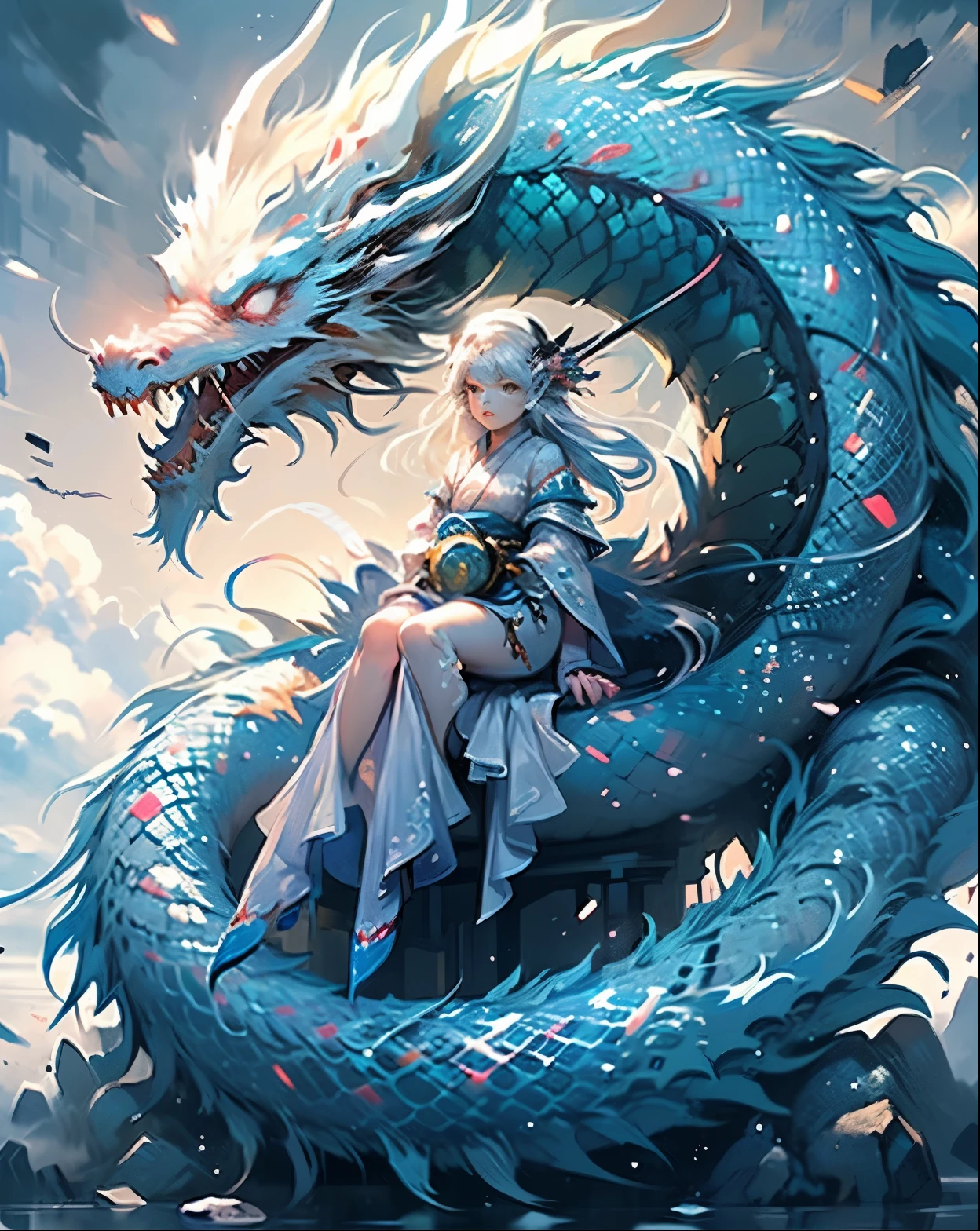 （tmasterpiece，hightquality，best qualtiy，offcial art，Beauty and aesthetics：1.2），epic cinematic，ultra - detailed，hyper realisitc， (1girl in:1.5),(full body Esbian:1.2),(Girl sits on a dragon:1.5),(1dragon：1.5），white hanfu，（White Dragon：1.1），dynamicposes，looking at viewert，（in a cloud：1.4），（Thick cloud cover：1.1），White clouds around，Lucky clouds enchanting coloring，theatrical lighting，Rim Lights，（Depth of field of view：1.2）