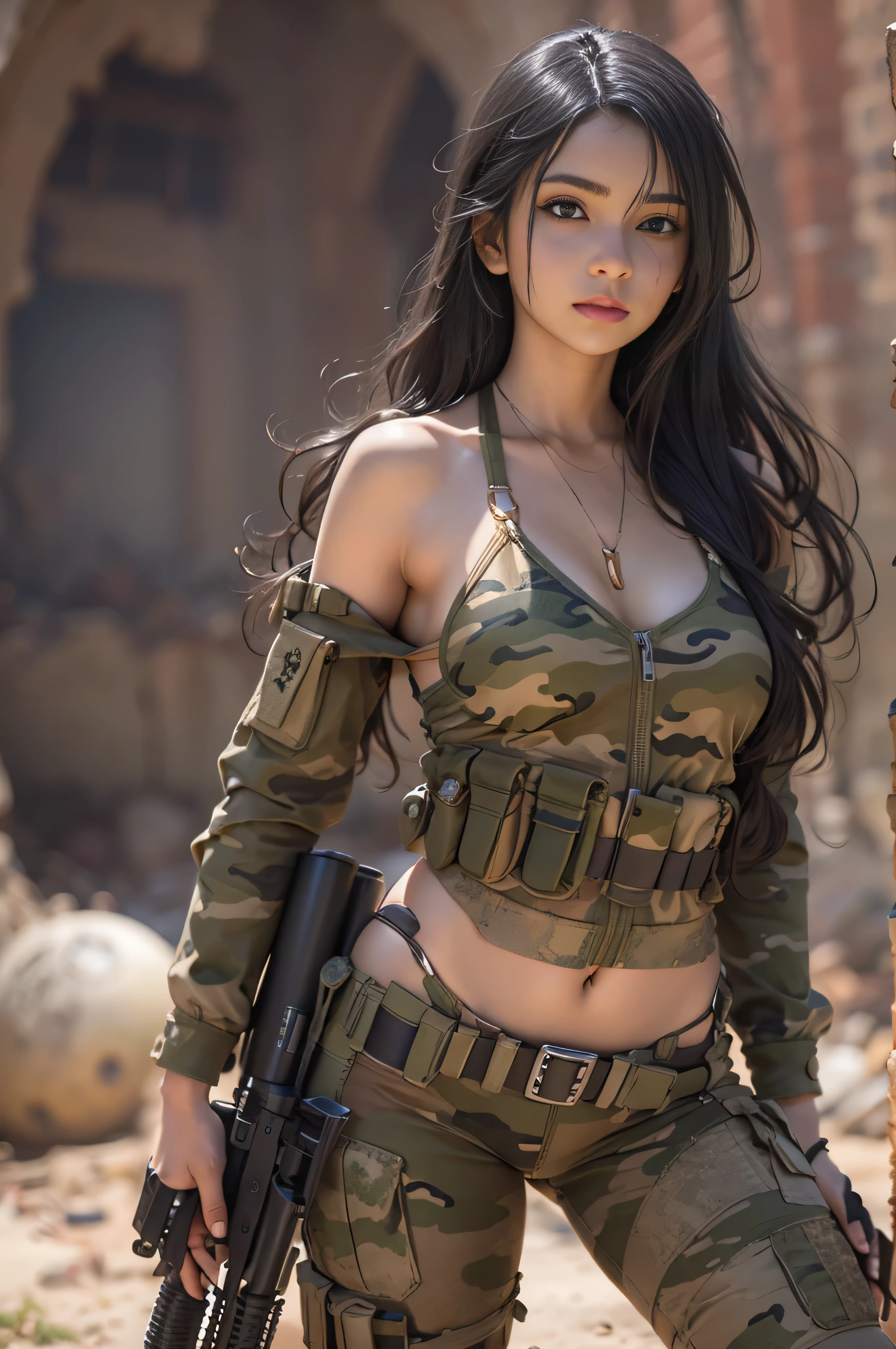 Unreal Engine:1.4,Ultra-realistic K CG, Photorealista:1.4, Skin Texture:1.4, Top 1 girls in bikinis ,Gatling gun, Shell casing, Looking at Viewer, Bangs, ammunition belt, gloves,Saggy breasts,opening fire,in the picture, A beautiful girl with long black hair in a bikini appears.，The delicate face of，Wearing bikini metal，standing on the ruins，The behavior of a woman with a heavy sniper rifle in her hands,cle beige dress, Army Chain,War Jet DSLR background, F/2.8, 5D, 16 K, Hyper-Resolution . Realistic style, key visual, Vibrant,, Normal display, Realistic, Camouflage costumes, soldier, Stripes of camouflage makeup on her face at an angle of 45 degrees, Tough Broad,