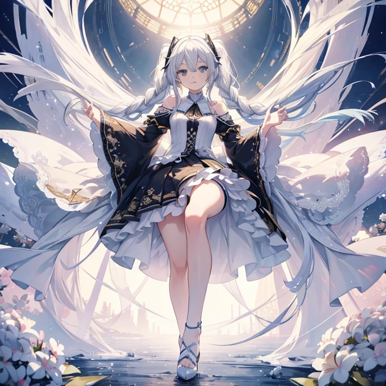 hatsuneMiku、(ultra Realistic), (An illustration), (Highres), (8K), (highlydetailed), (the best illustration), (Beautiful Detailed Eyes), (beste Quality), (Super Detailed), (Master peace), (Wallpapers), (Detailed Face), solo, 1girl, Aristocratic dresses、White hair, Iris heterochromatic eyes, small moles under eye, medium chest, Long legs,Stunning composition,Foot braids,Beautiful and detailed legs
