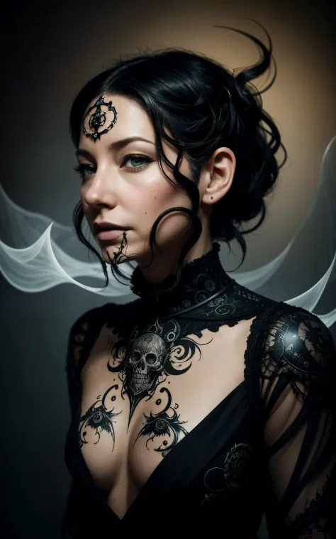 (Evangeline Lilly) is a beautiful charming woman carved out of dark smoke, dressed as a Steampunk girl in black, circular colore...