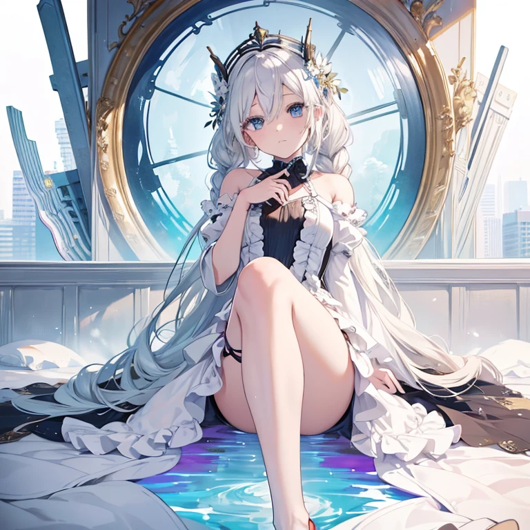 hatsuneMiku、(ultra Realistic), (An illustration), (Highres), (8K), (highlydetailed), (the best illustration), (Beautiful Detailed Eyes), (beste Quality), (Super Detailed), (Master peace), (Wallpapers), (Detailed Face), solo, 1girl, Aristocratic dresses、White hair, Iris heterochromatic eyes, small moles under eye, medium chest, Long legs,Stunning composition,Foot braids,Beautiful and detailed legs