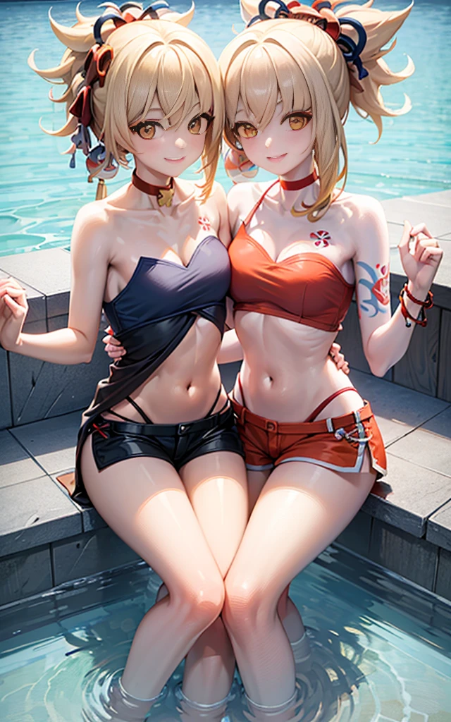 Two girls smiling in the water in the bathtub without showing their teeth. Female twins， vibrant with colors，Natural lighting, best quality, breasts next to each other, hugging each other tightly, sunny masterpiece, navel exposed, blushing, small breast, orange  shorts, face very red, orange swimsuit 4k