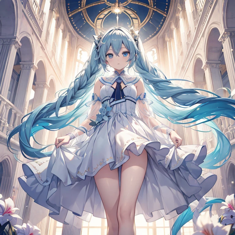 初音ミク、(超リアル), (イラスト), (高解像度), (8K), (非常に詳細な), (最高のイラスト), (美しい細部までこだわった目), (最高品質), (非常に詳細な), (マスターピース), (壁紙), (詳細な顔), 一人で, 1人の女の子, 貴族のドレス、白髪, 虹彩異色眼, 目の下の小さなほくろ, 中胸, 長い脚,見事な構成,足の編み込み,美しく精巧な脚