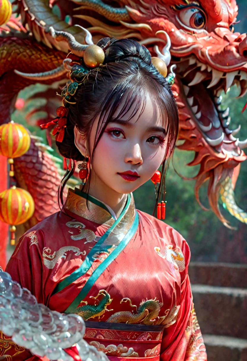 A cute Chinese girl,Standing next to the Chinese dragon,Red Chinese traditional costume，Double ball hairstyle，Dragon in the background, rainbowing，a hologram，masterpiece，UHD, 8K, ultraclear，bailing_eastern dragon