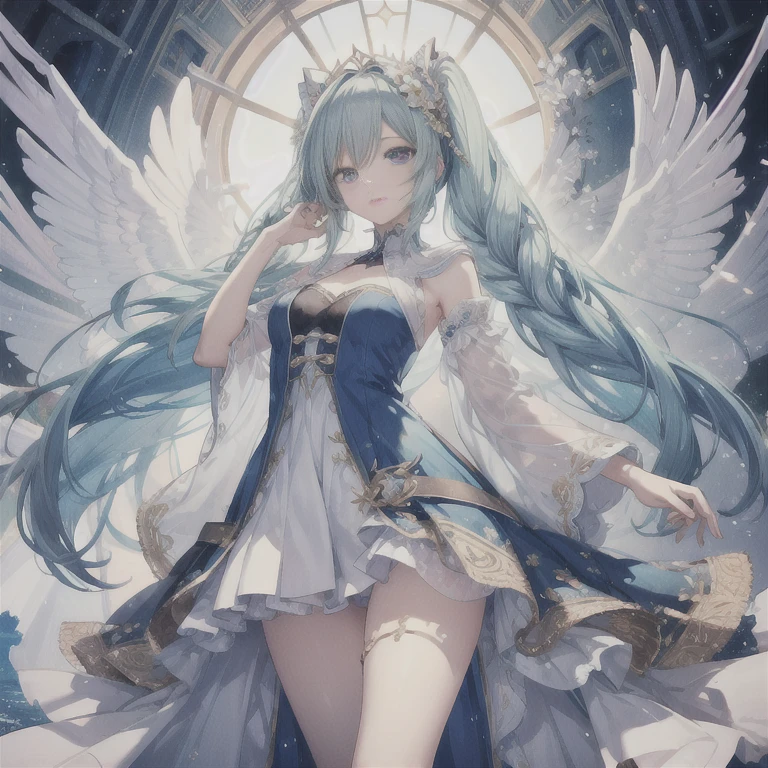 HATSUNEMIKU、(ultra Realistic), (Uma ilustração), (alta resolução), (8K), (altamente detalhado), (a melhor ilustração), (lindos olhos detalhados), (melhor qualidade), (super detalhado), (mestre da paz), (Papeis de parede), (rosto detalhado), Sozinho, 1 garota, Vestidos aristocráticos、cabelo branco, Olhos heterocromáticos de íris, pequenas manchas sob os olhos, Peito médio, Pernas longas,composição deslumbrante,Tranças nos pés,Pernas lindas e detalhadas