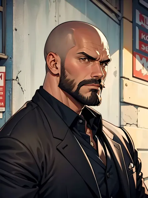 30 year old man, he is bald, with a brown beard, brown eyes, mafia style, very charismatic, serious look.