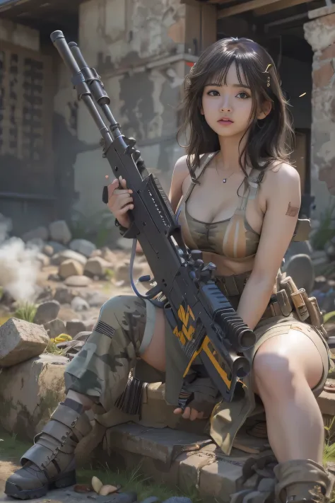 Unreal Engine:1.4,Ultra-realistic 64K CG, Photorealista:1.4, Skin Texture:1.4, Top 1 girls in bikinis ,japanes, sixteen years old, Gatling gun, Shell casing, Looking at Viewer, Bangs, ammunition belt, gloves,Saggy breasts,opening fire,in the picture, A bea...