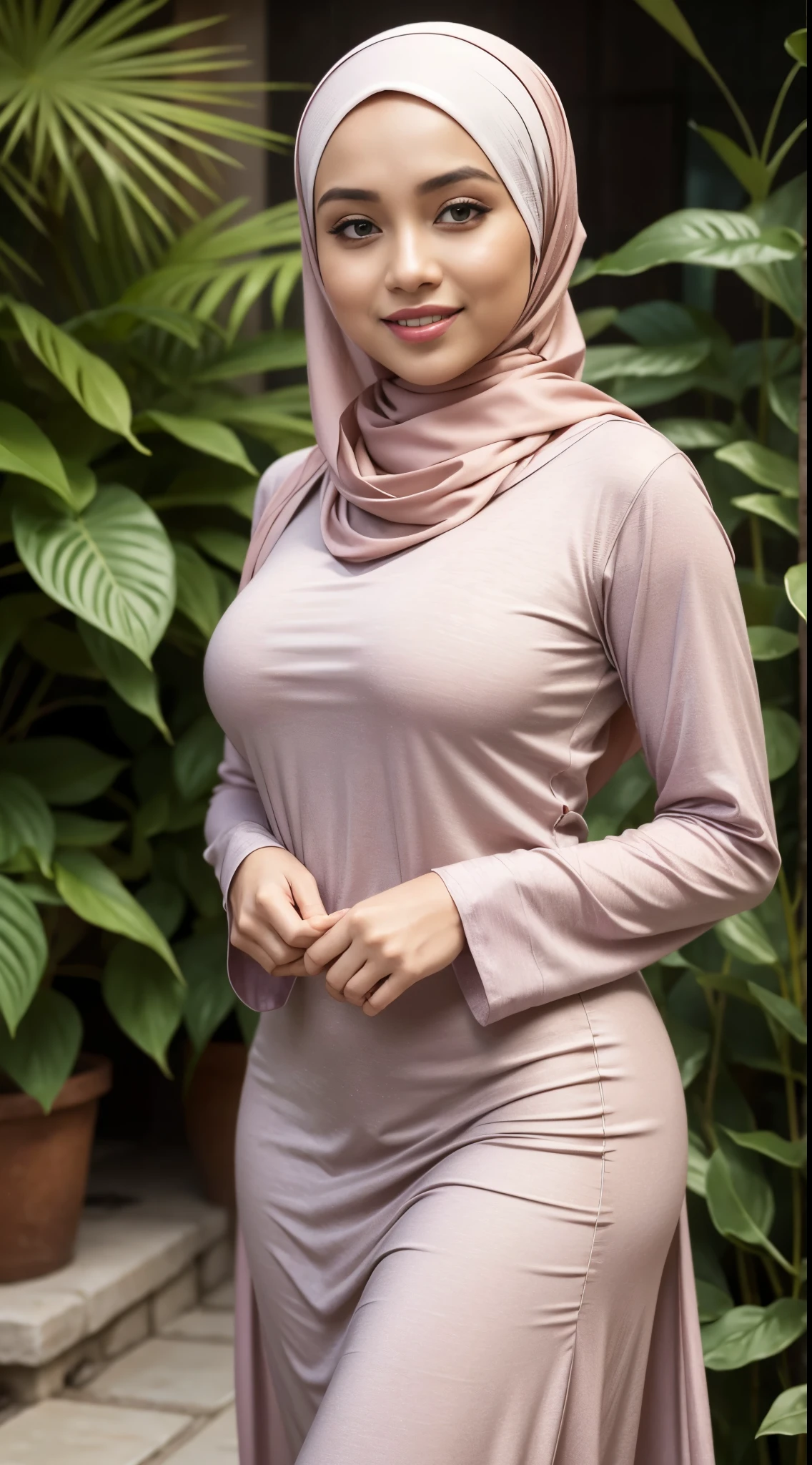 A close up of a woman in a pink dress standing in front of a plant ...