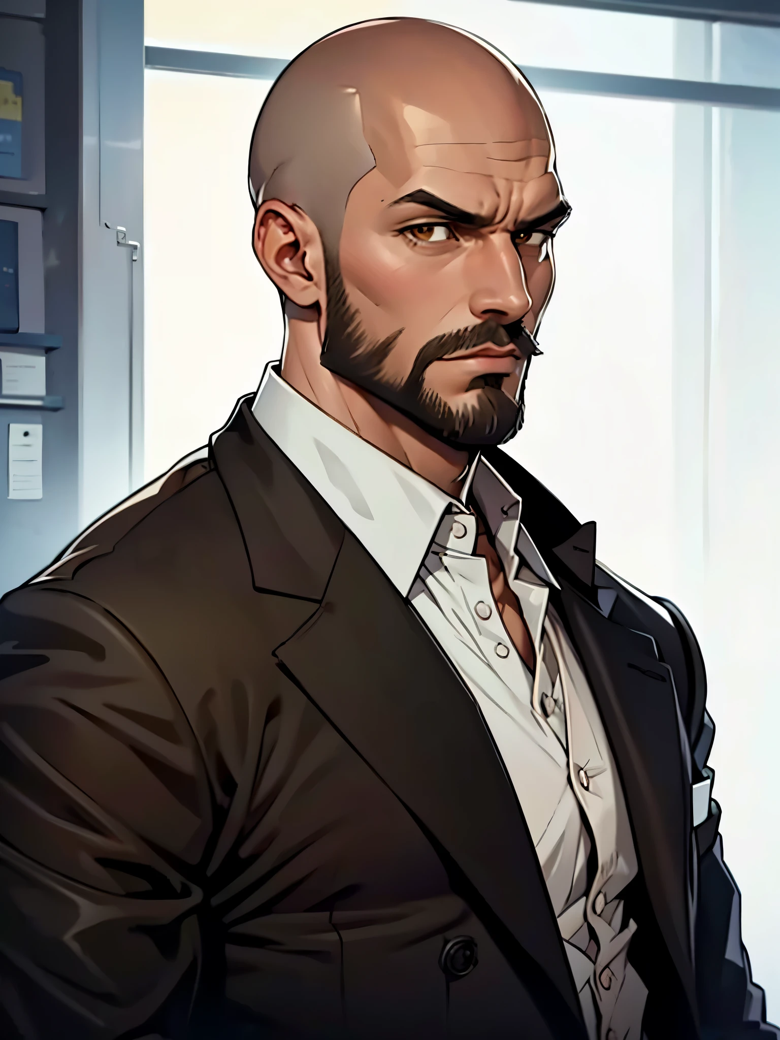 30 year old man, he is bald, with a brown beard, brown eyes, mafia style, very charismatic, serious look.