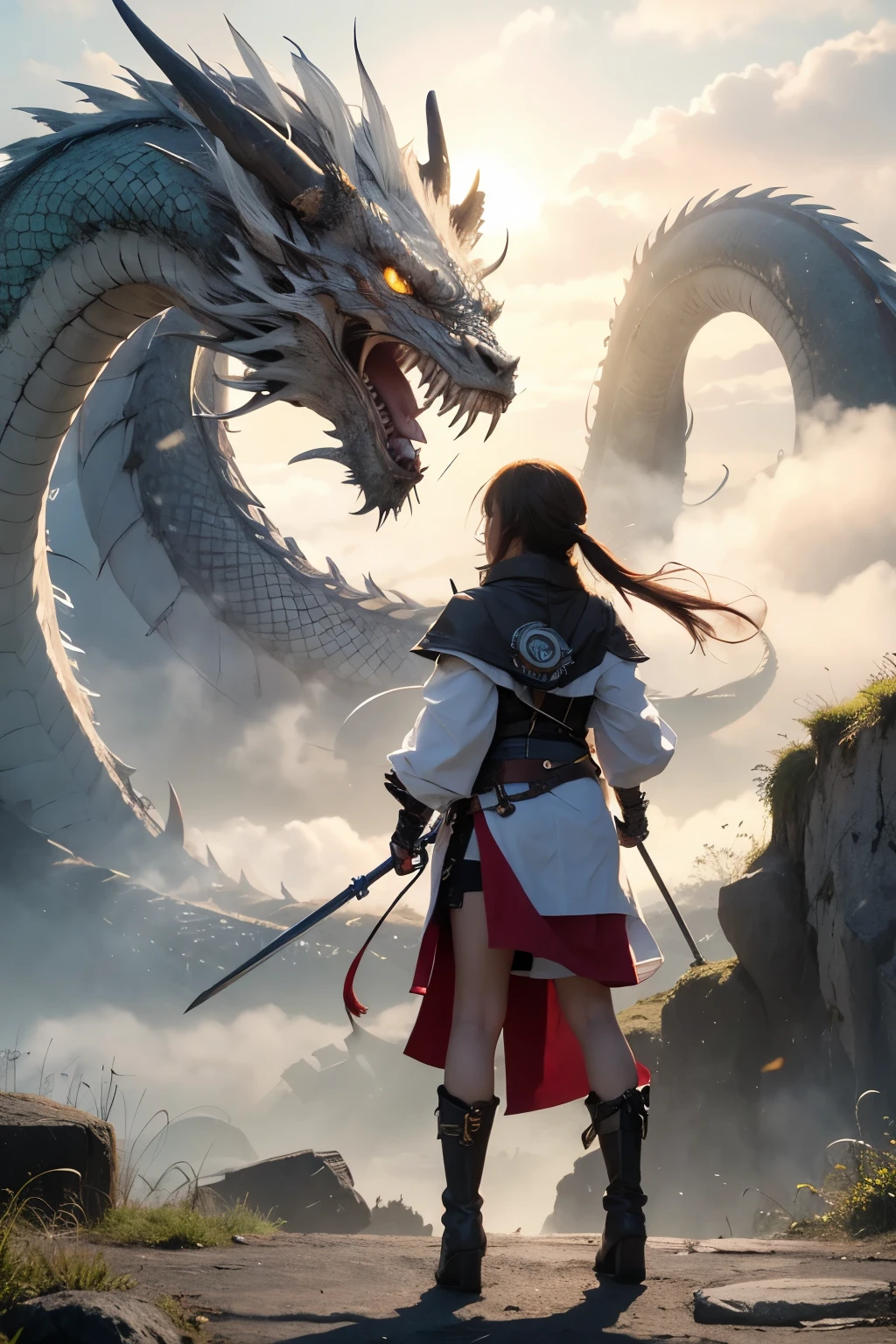 Top light, far view (shot from bottom up), girl, armed with weapon, outdoor, standing, cloud from behind, sky, cloudy sky, animal, oriental dragon, monster, 1 other, fog,