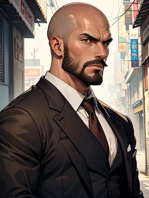 30 year old man, he is bald, with a brown beard, brown eyes, mafia style, very charismatic, serious look.