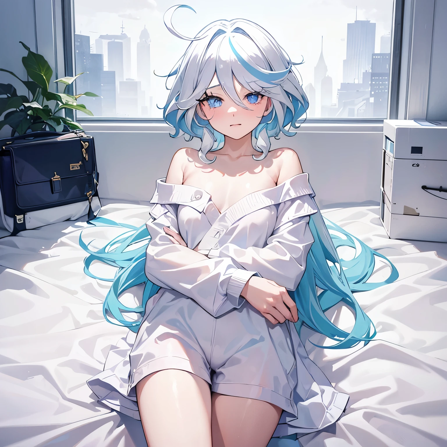 masterpiece, best quality, detailed face, heterochromia eyes,perfect hands, flat chest, HD, best quality, (looking at viewer, sleepy), ((1girl)),cowboy shot,thighs, furina,short hair,((gradient hair)),multicolored eyes, gradient eyes, (fashion make up), blush, messy hair, white shirt, off shoulder, naked shirt, no pants, lying, bare arms, short shorts, bare legs, bedroom