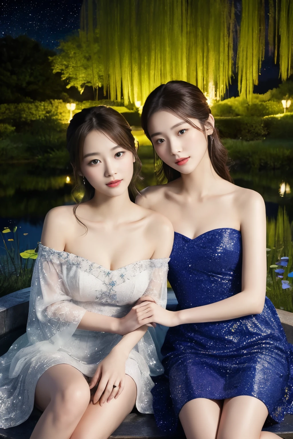 All faces and pictures must be different, high quality, highly detailed, a stunningly photorealistic closeup portrait of two beautiful Chinese women,babyfaced, intricate detailed eyes,open shoulders,skirtlift,where two mysterious women sits by the edge of a pond, capturing a romantic atmosphere under the starry sky.