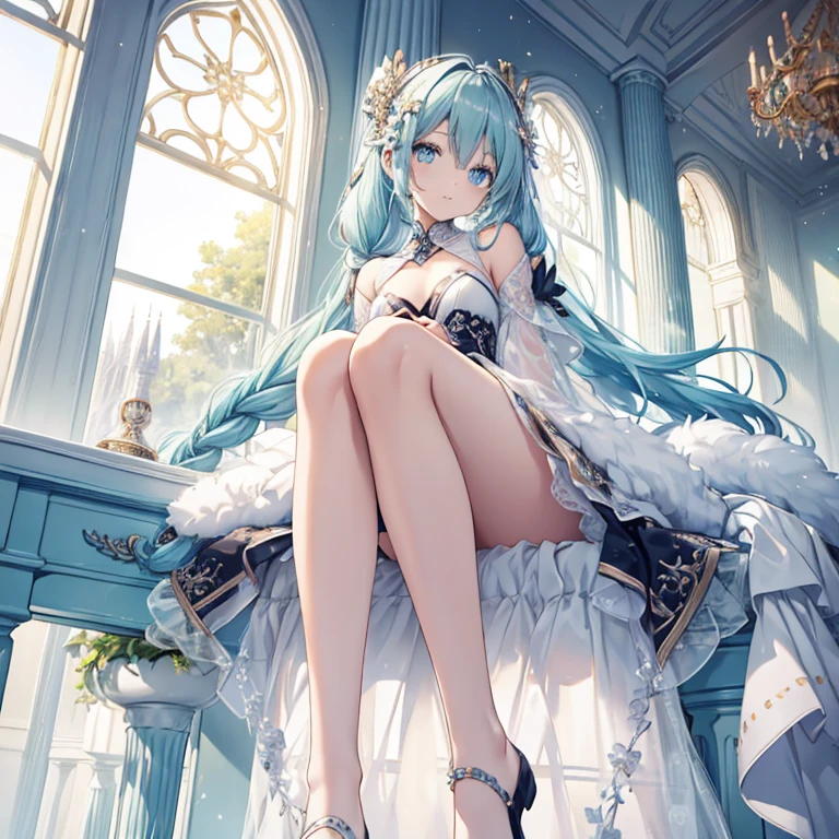 Hatsune miku、(超リアル), (イラスト), (高解像度), (8K), (非常に詳細な), (最高のイラスト), (美しい細部までこだわった目), (最高品質), (非常に詳細な), (マスターピース), (壁紙), (詳細な顔), 一人で, 1人の女の子, 貴族のドレス、白髪, 虹彩異色眼, 目の下の小さなほくろ, 中胸, 長い脚,見事な構成,足の編み込み,美しく精巧な脚