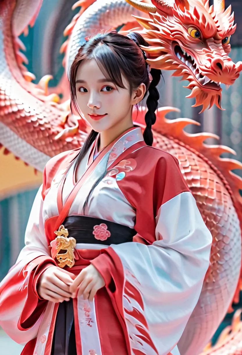 A cute Chinese girl,Standing next to the Chinese dragon, cyber punk personage, Red cotton jacket，TRADITIONAL CHINESE COSTUMES，Do...
