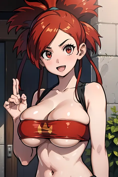 ((1girl)), perfect face, young woman, realistic photo, beautiful face, perfect face, masterpiece, ((flanneryoras)), red hair, red eyes, ((red tube top)), ((underboob)), (((small thin Bandeau))), ((massive breasts)), ((loose top)), ((strapless top)), indent...