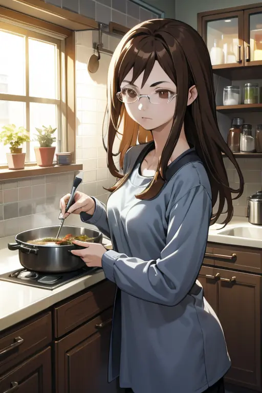 yakushiji, glasses, brown eyes,
casual, 
1girl, solo,
indoors, kitchen, cooking