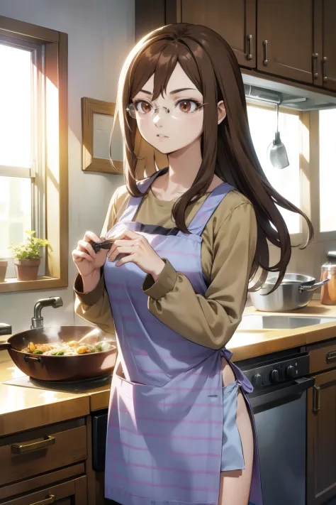 yakushiji, glasses, brown eyes,
casual, 
1girl, solo,
indoors, kitchen, cooking